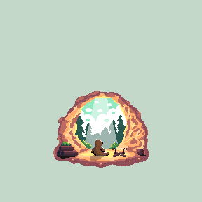 Bear Cave's home screen by day: the bear sits with its back to us at the mouth of its cave, snowy mountains and pines outside.