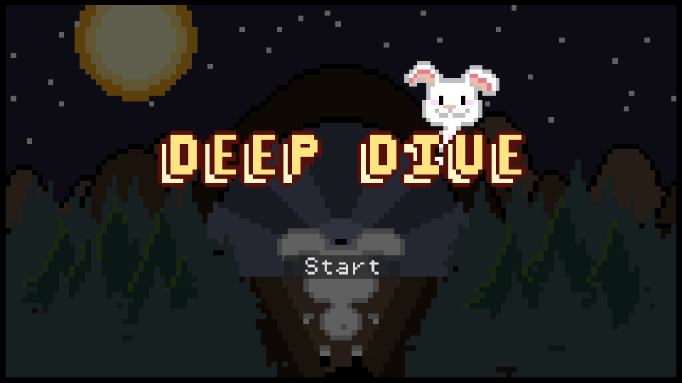 Deep Dive cover: the yellow title under a night sky and moon, a little white rabbit at the top right and the Start button below