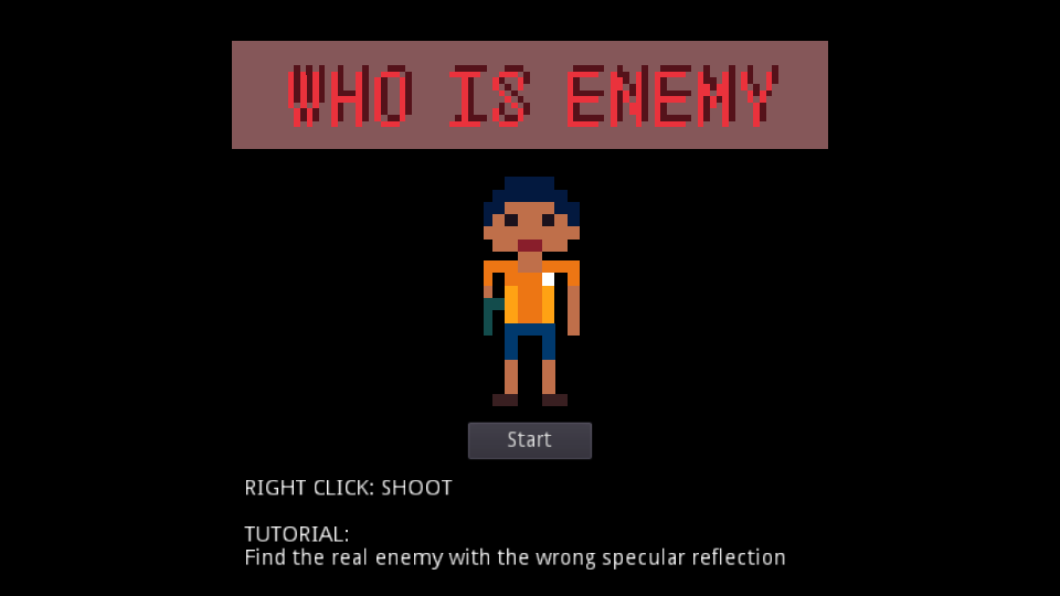 Who Is Enemy cover: the hero in an orange top under the red title, with the Start button below